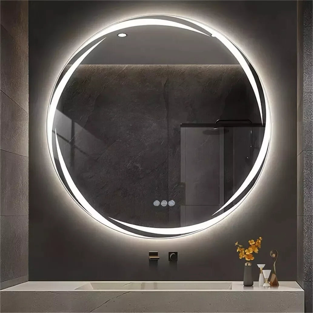 miroir mural moderne blanc doré rond éclairé led anti buée clips touches mémoire couleur