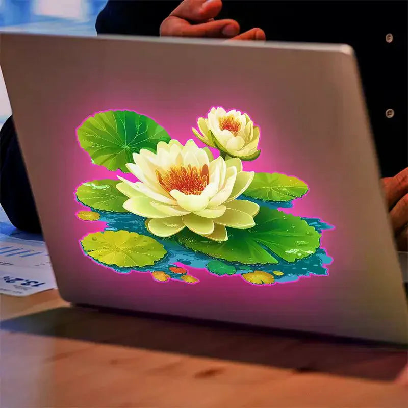 autocollant mural fleurs lotus feuilles nénuphar blanc vert jaune bleu réaliste adhésif chambre salon