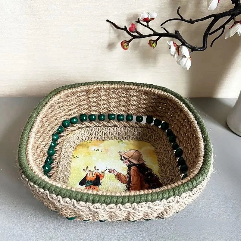 panier rangement boho marron beige vert motifs floraux rustique