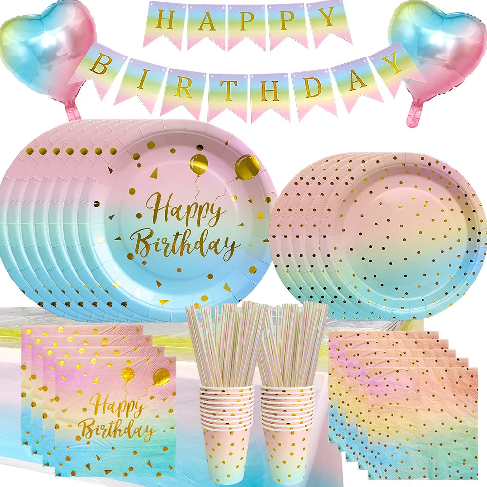 vaisselle jetable anniversaire arc ciel assiettes dorées points confettis serviettes verres festifs