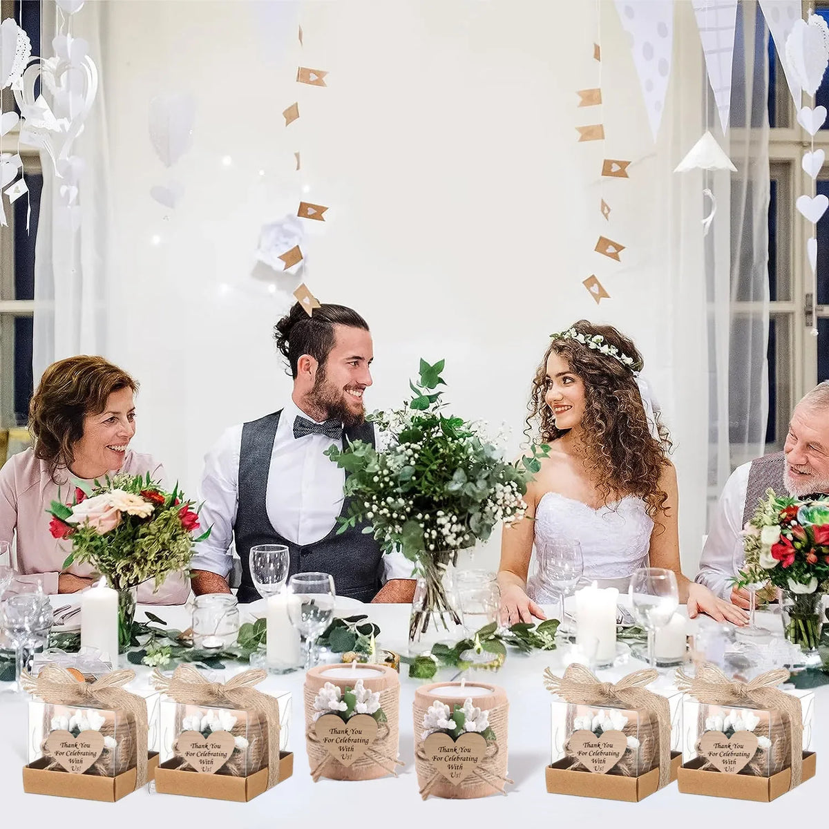 bougies poser blanc motif papier kraft fleurs blanches étiquette cœur rustique mariage remerciement 12