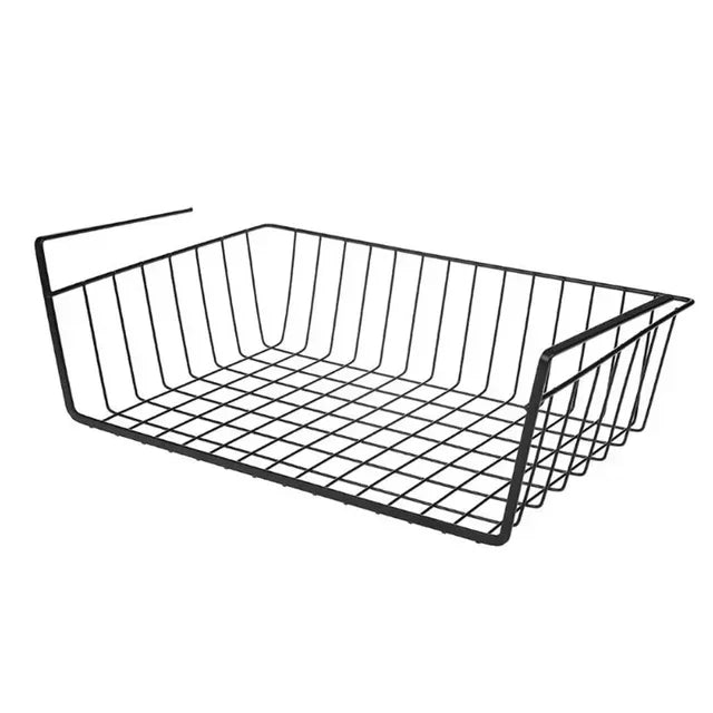panier suspendu métal grille noir blanc rangement cuisine étagère livres vaisselle fruits légumes minimaliste