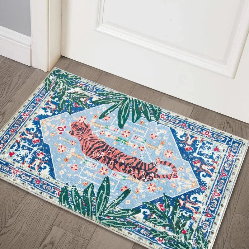 tapis polyester antidérapant motif tigre feuilles palmier moderne rose salon porte bain