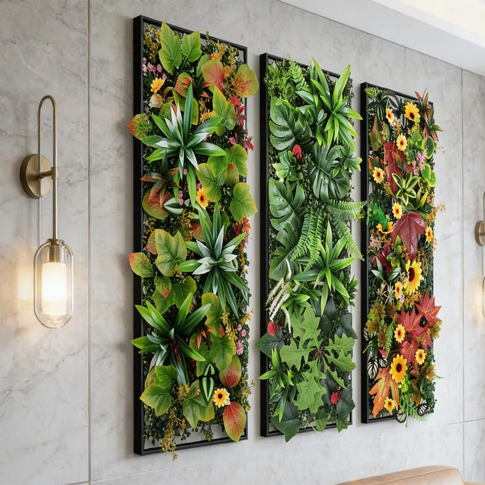 décoration murale panneau végétal artificiel feuilles fleurs moderne intérieur vert jaune rouge blanc