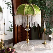 Lampe de chevet verte rétro en velours avec abat-jour à franges, lampe de table art déco pour chambre
