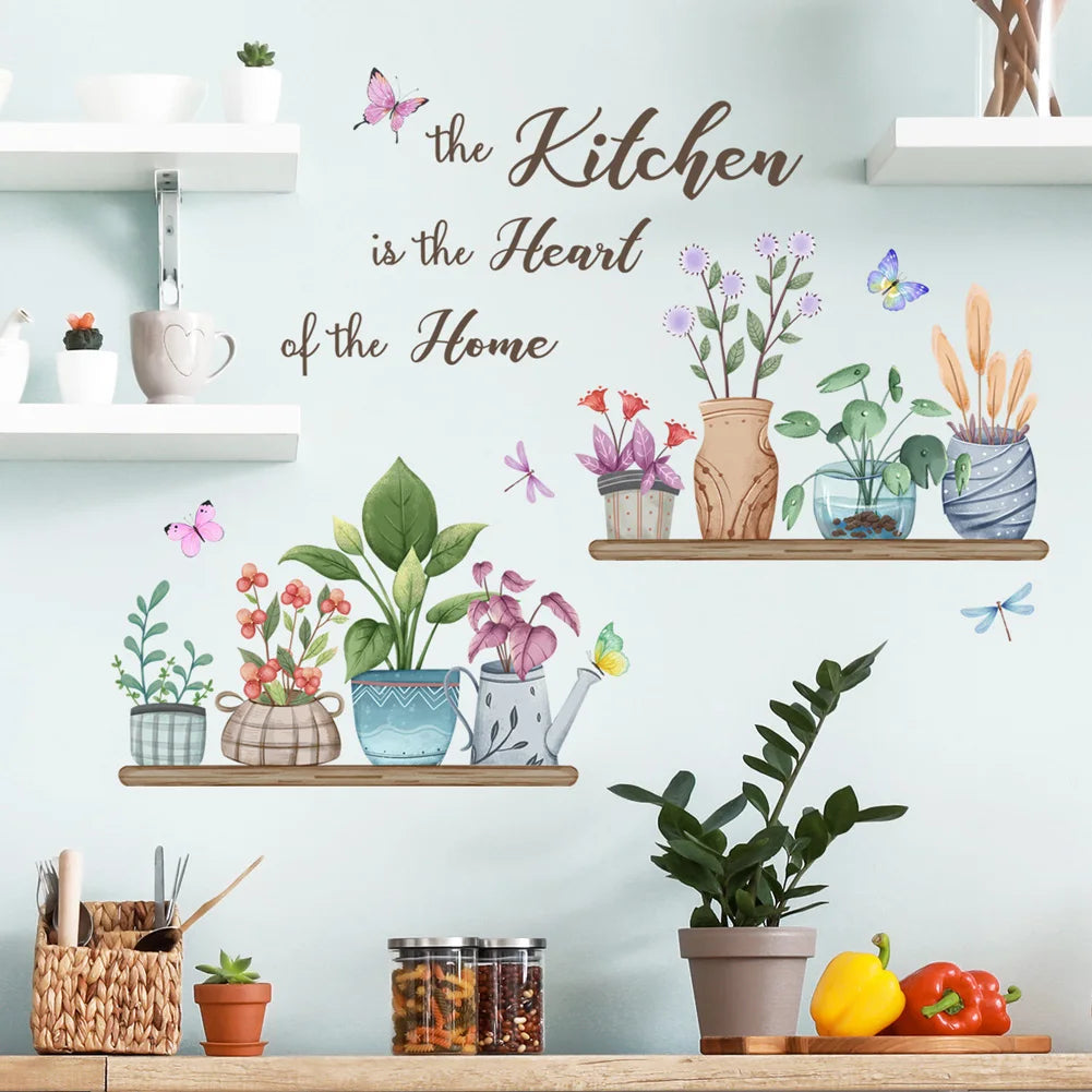 autocollant mural floral plantes papillons textes vert bleu rose chambre cuisine rustique moderne élégant