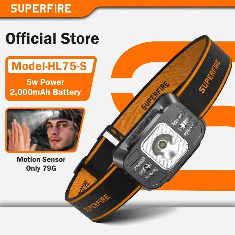 lampe frontale rechargeable led mini haute puissance noir orange rayures horizontales moderne fonctionnel ceinture