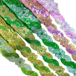 ruban décoratif dentelle sequins fleurs 4cm bleu vert rouge rose or argent partie