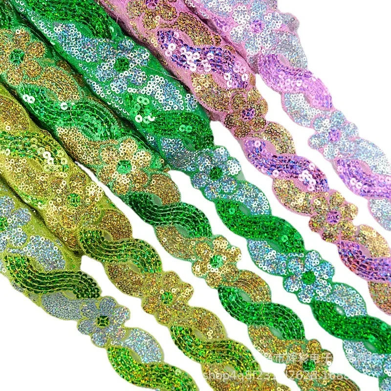 ruban décoratif dentelle sequins fleurs 4cm bleu vert rouge rose or argent partie