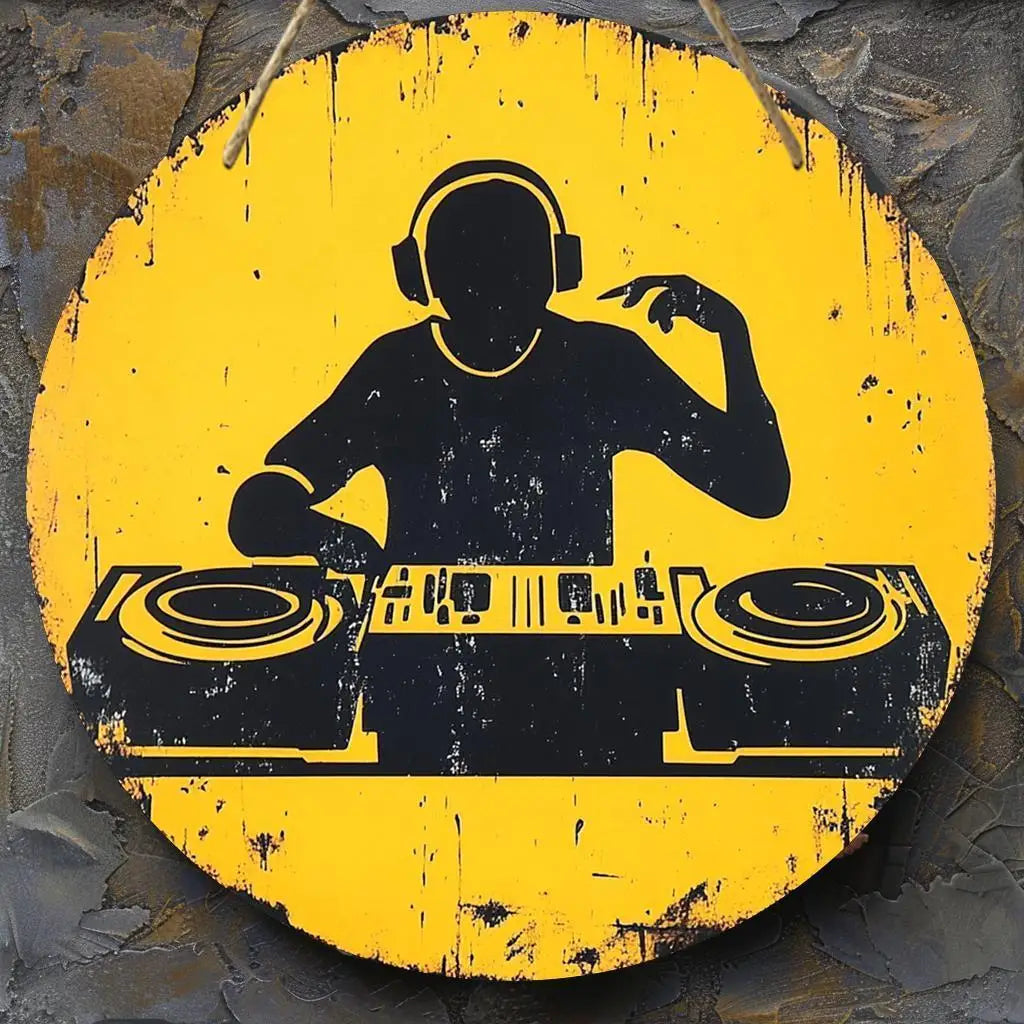 décoration murale ronde dj graphique vintage jaune noir silhouettes platines casque accrochage grunge