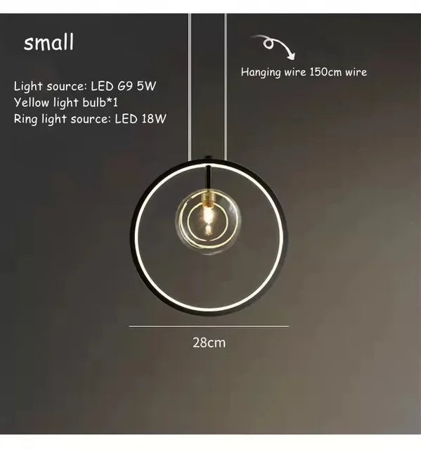 lumière suspendue moderne pendentif géométrique transparent cercles métalliques dorés chambre salon