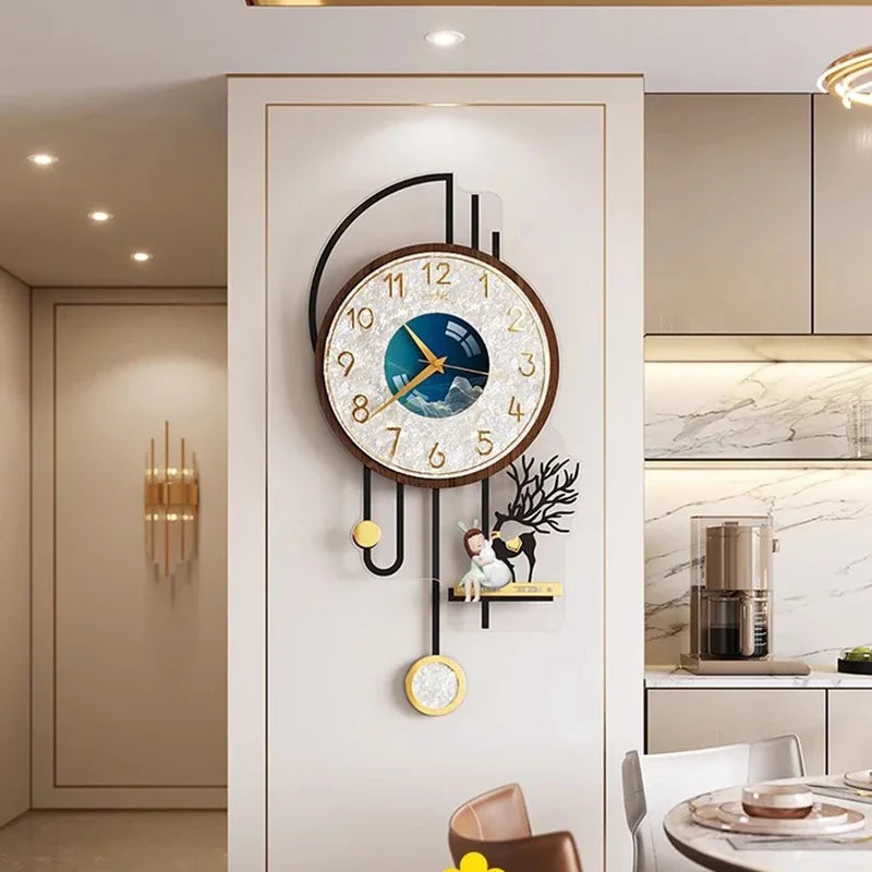 horloge murale moderne bois marron bleu doré figurine cerf pendule