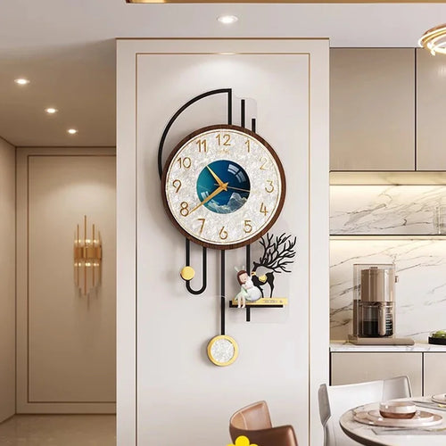 horloge murale moderne bois marron bleu doré figurine cerf pendule
