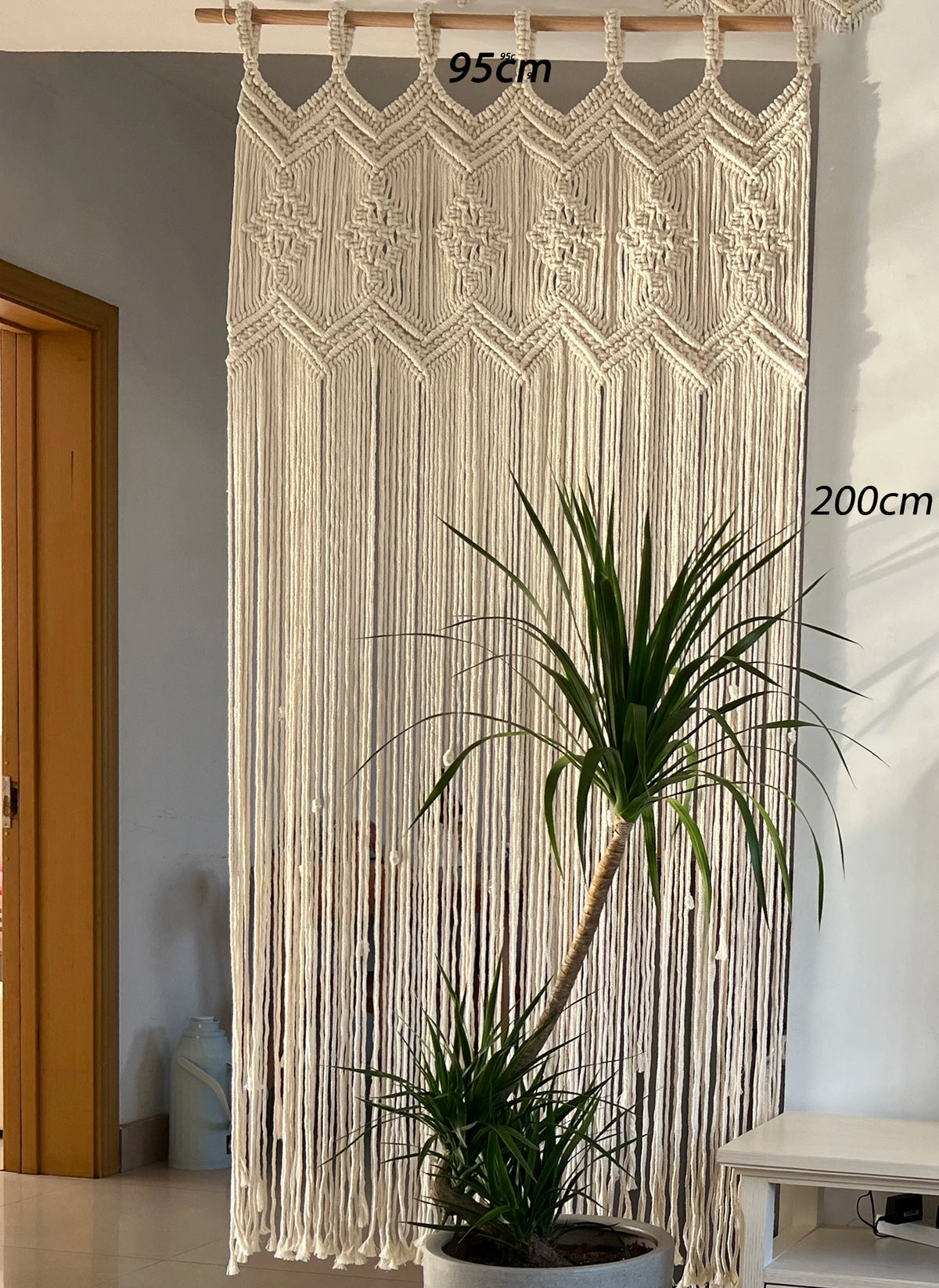 rideau macramé blanc crème motifs géométriques franges boho chic crochet métallique