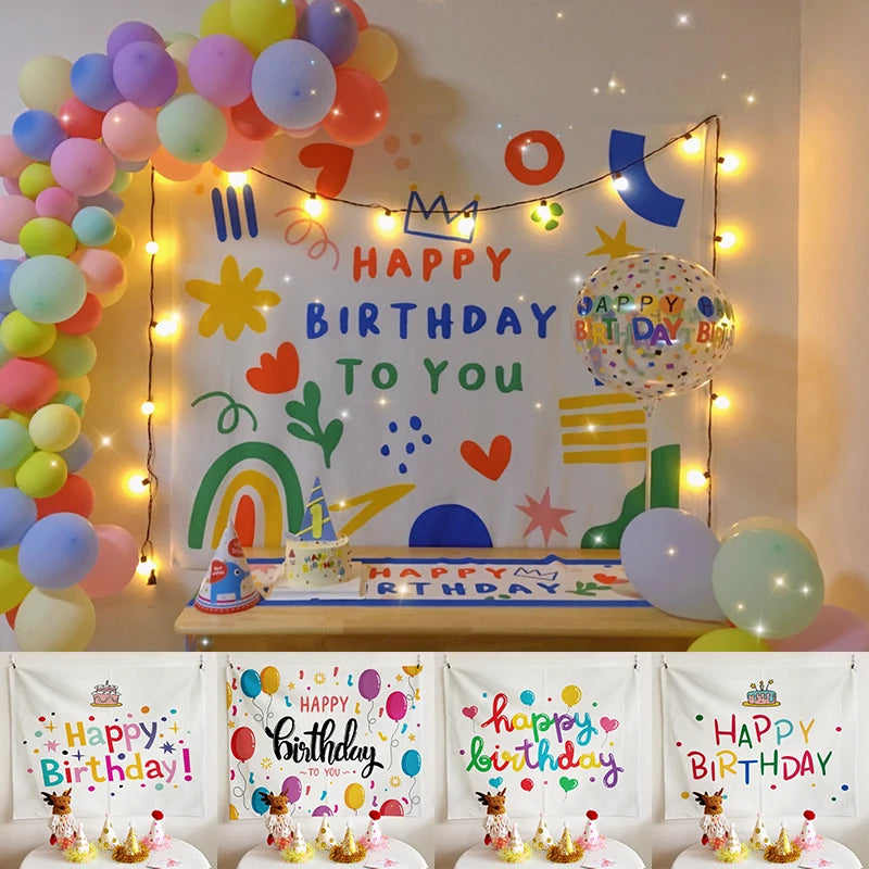décoration chambre coucher rideau mural happy birthday confettis arc ciel lettres motifs festifs clips
