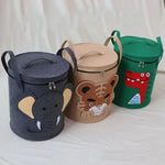 paniers rangement animaux tigre crocodile éléphant jouets gris vert beige couvercle poignées amovibles enfants