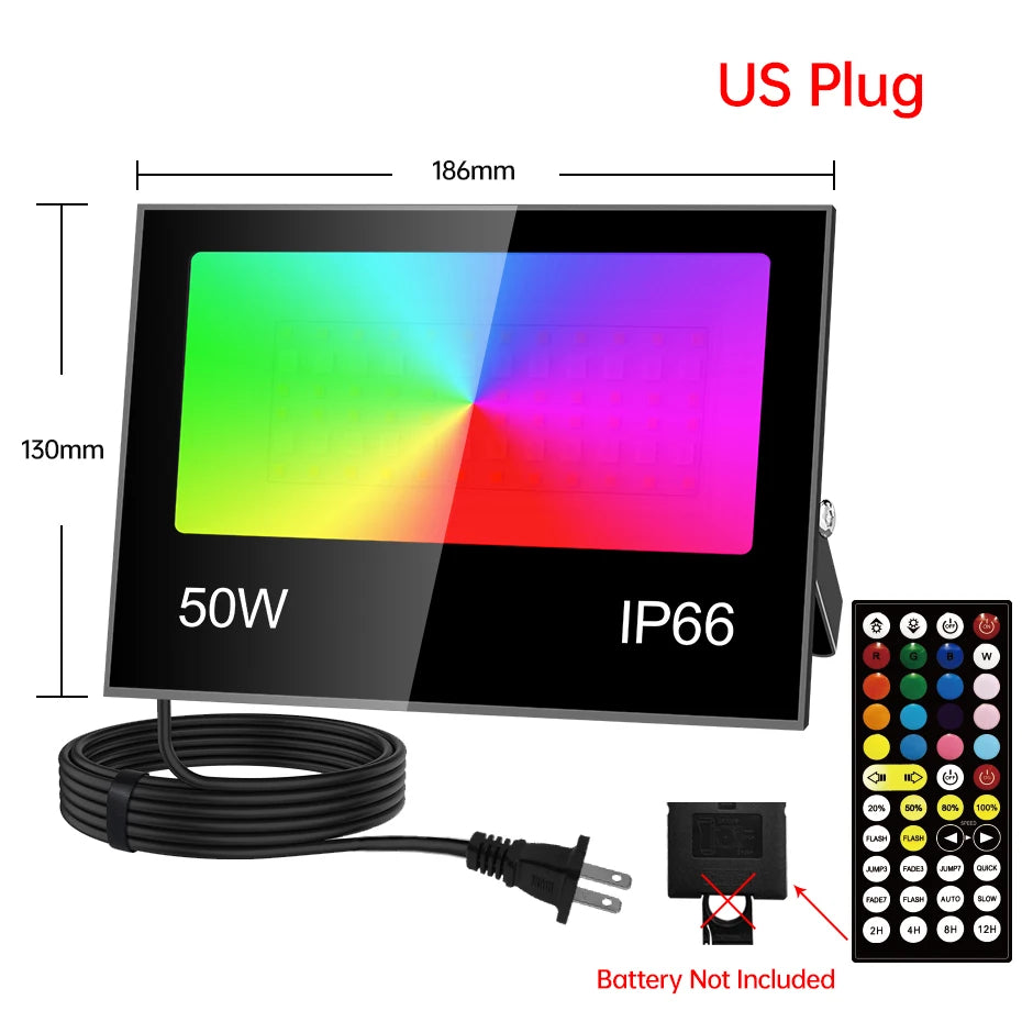 projecteur led rgb ip66 étanche extérieur télécommande réglage luminosité noir moderne