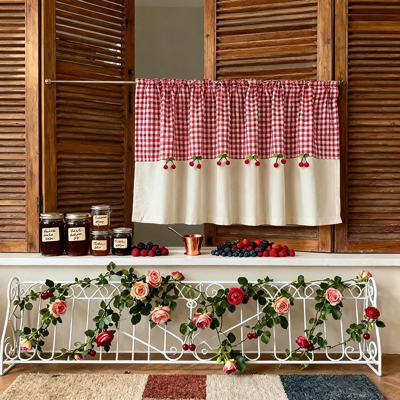 rideau carreaux rouge blanc vintage opacité cerises relief maison polyester