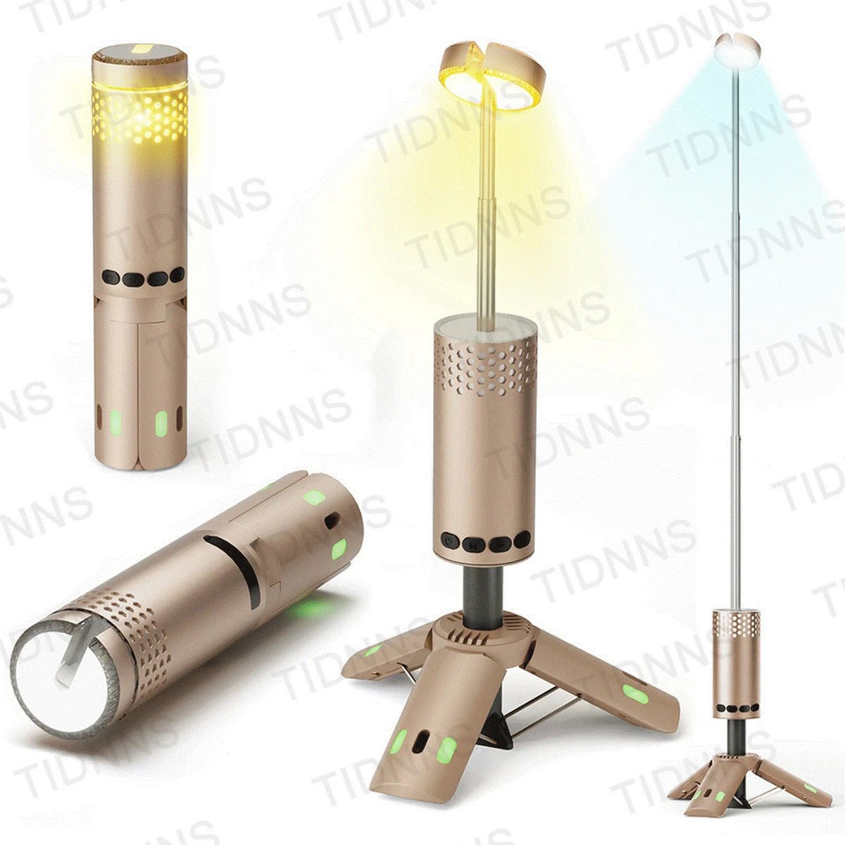 lampe poche portable rechargeable led doré gris perforée boutons noirs moderne compact trépied magnétique