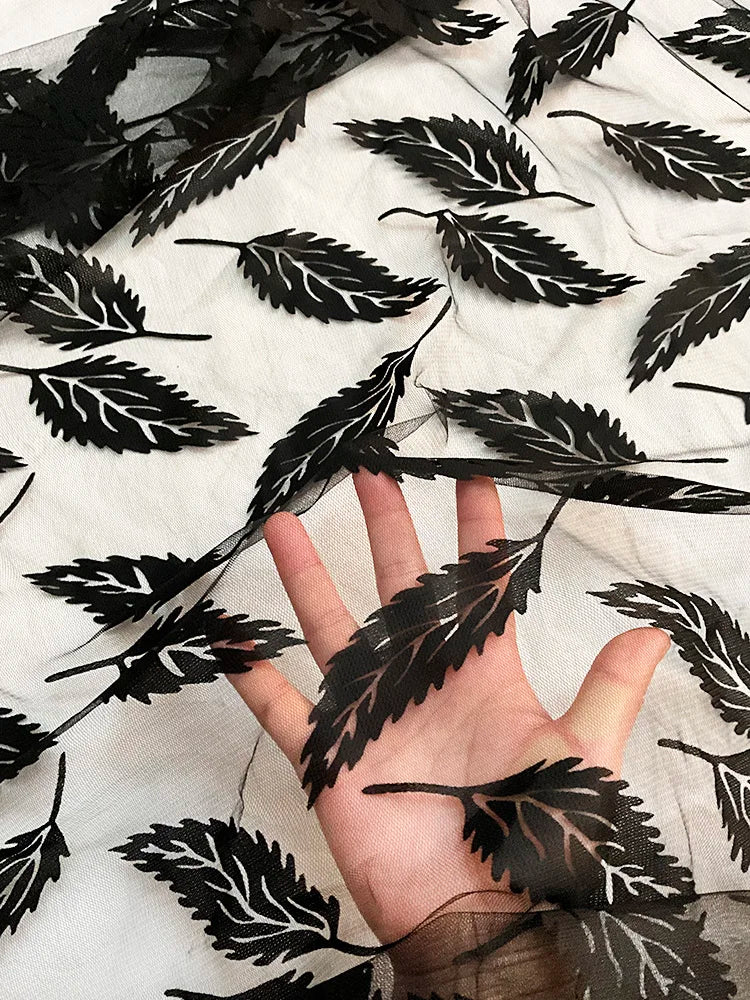 tissu tulle noir transparent feuilles fleurs points modernes élégants respirant 150cm galerie décoration
