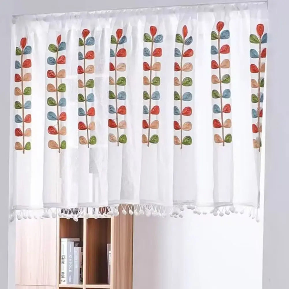 rideau blanc feuilles brodées pastorale polyester fenêtre décorative rustique translucent 150x60cm