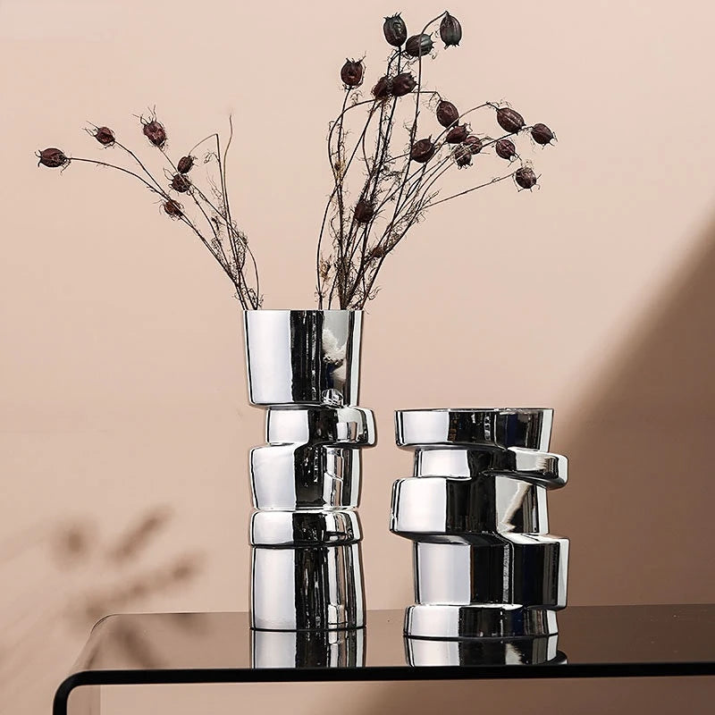 vase verre argenté moderne minimaliste formes rondes lisses fleurs séchées décoration intérieure contemporaine