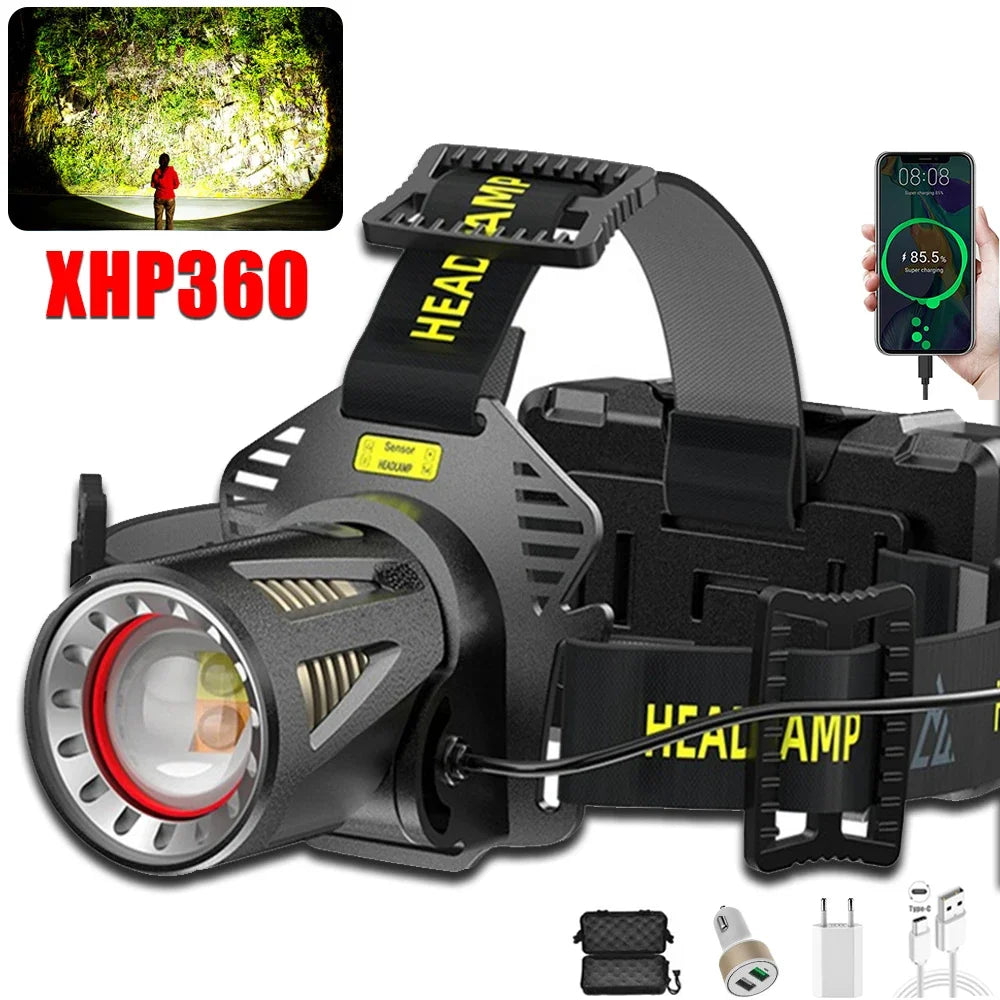 lampe frontale rechargeable led zoomable sensor camping vtt randonnée noir jaune adjustable waist belt
