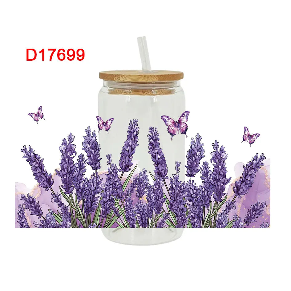 autocollants décoration diy fleurs illustration bocal verre transparent papillons roses lavande bois