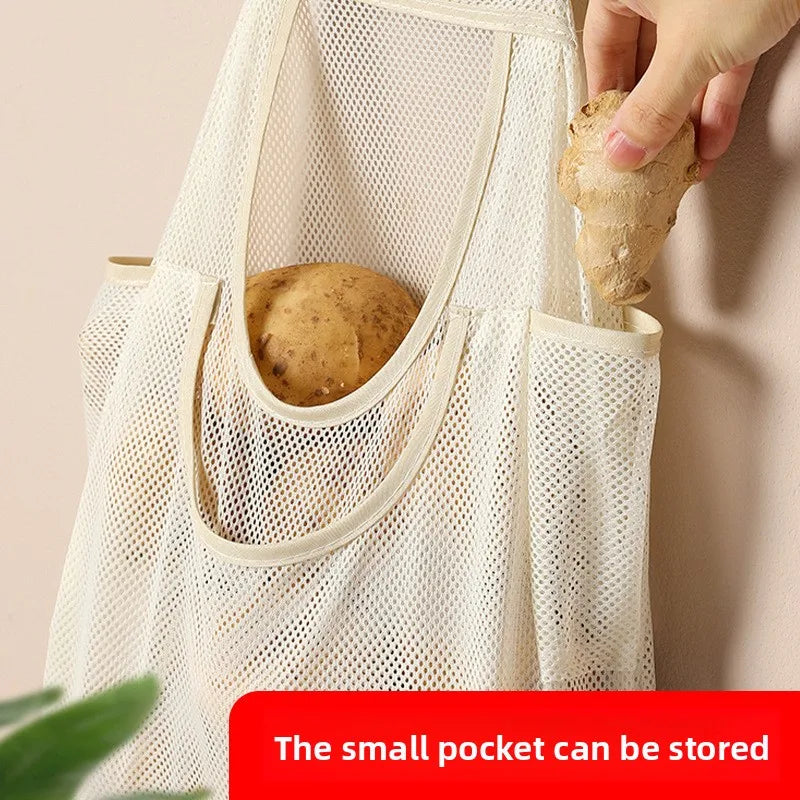sac rangement polyester beige maille fine pratique moderne crochets mural poche frontale