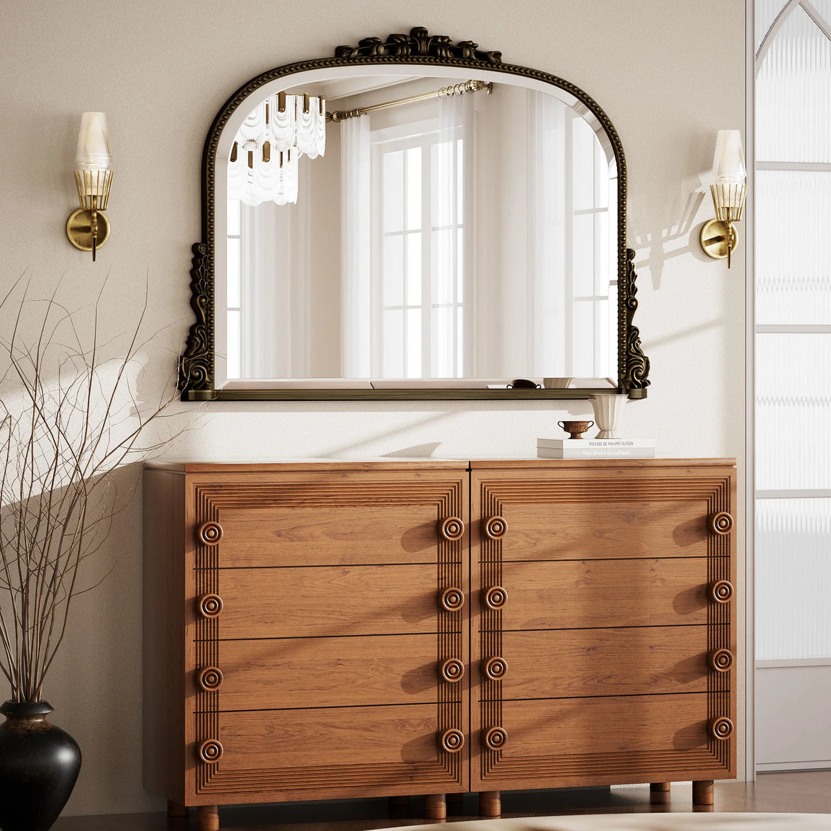 miroir salle bain bois naturel vintage classique motifs dorés vis fixations chambre