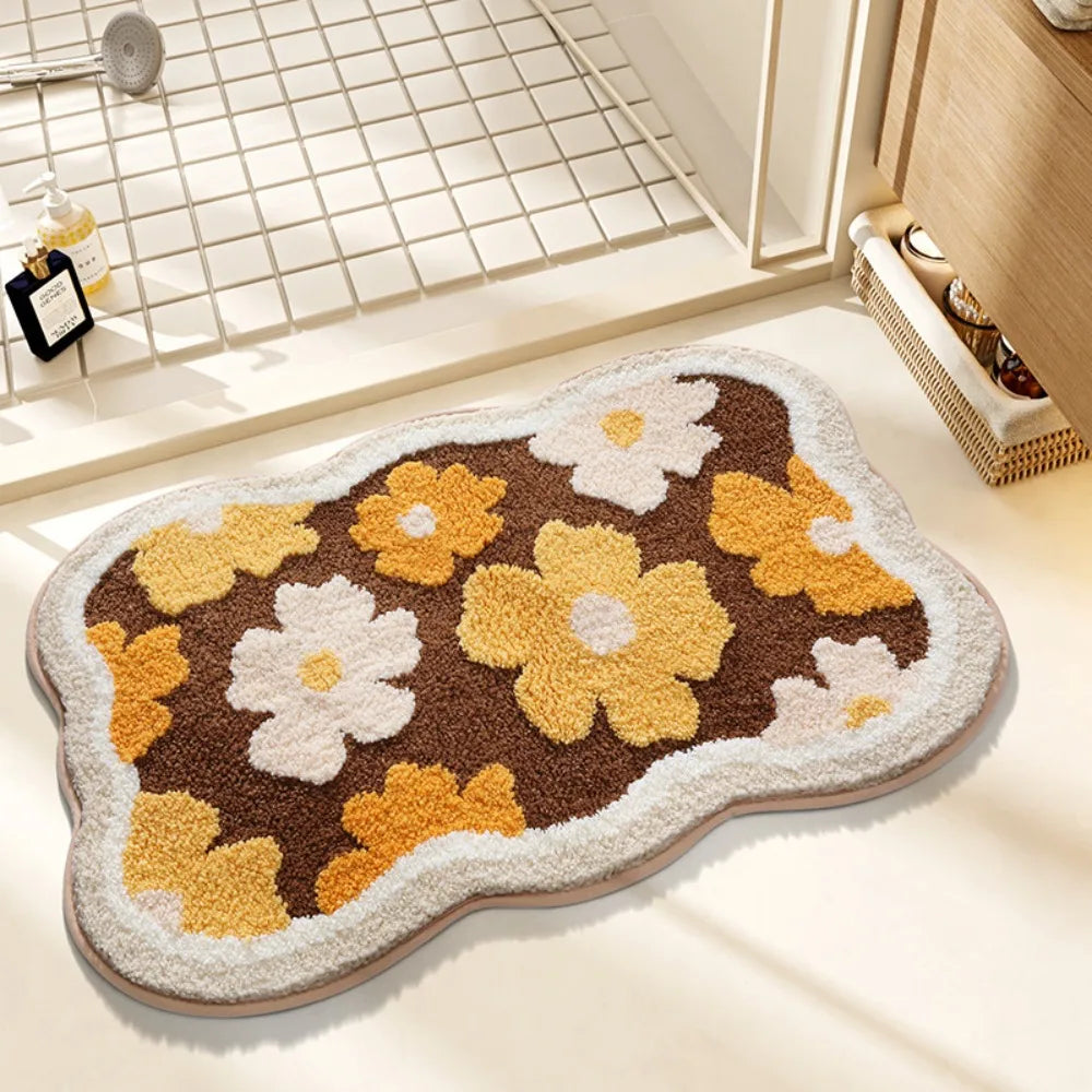 tapis sol fleurs naturel beige blanc vert salle bain intérieur antidérapant durable polyester feutre