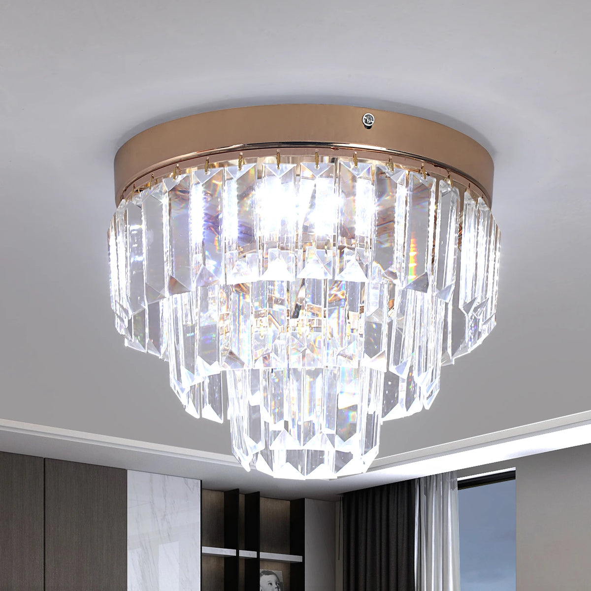 lampe suspendue cristal doré moderne élégante câbles suspendus salon chambre