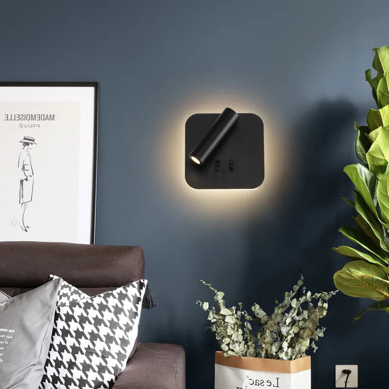 lampe murale moderne led noir fixée mur chargeur usb chambre entrée étude
