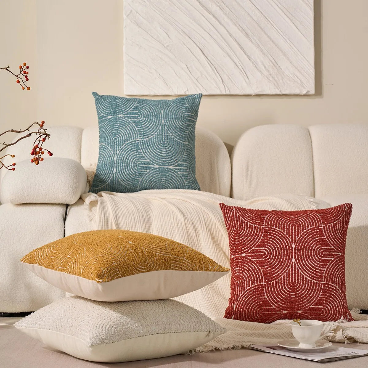 housse coussin carré brodé géométrique moderne polyester coton bleu rouge jaune gris blanc decoration
