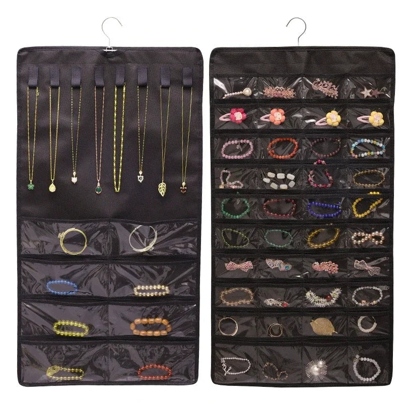 porte bijoux suspendu transparent moderne crochets grilles bagues boucles d'oreilles colliers montres cheveux beige