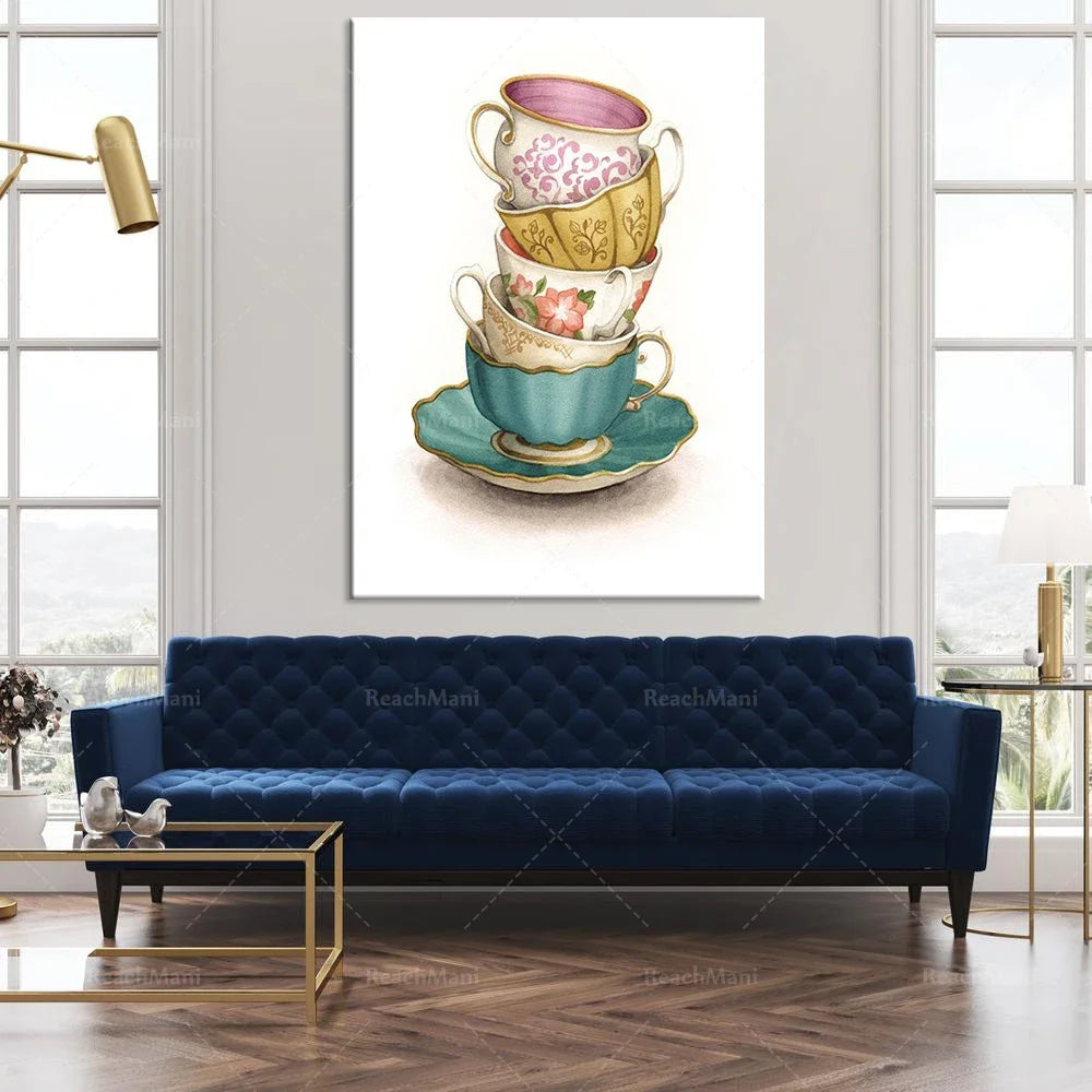 Une pile de jolies tasses en porcelaine peintes de fleurs et de motifs dorés, représentée dans une illustration artistique décorative.