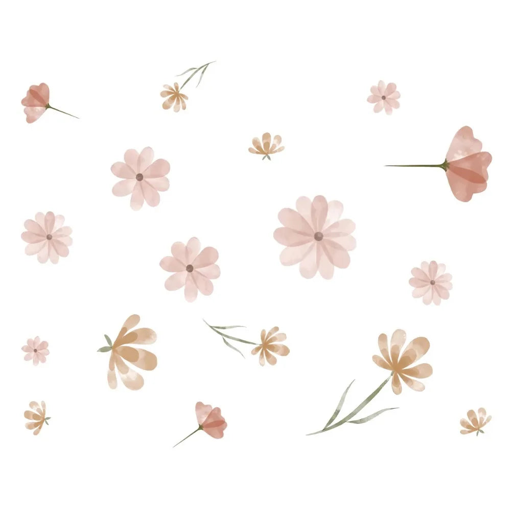 sticker mural fleur adhésif décoration enfantine champêtre minimaliste rose vert bleu jaune violet