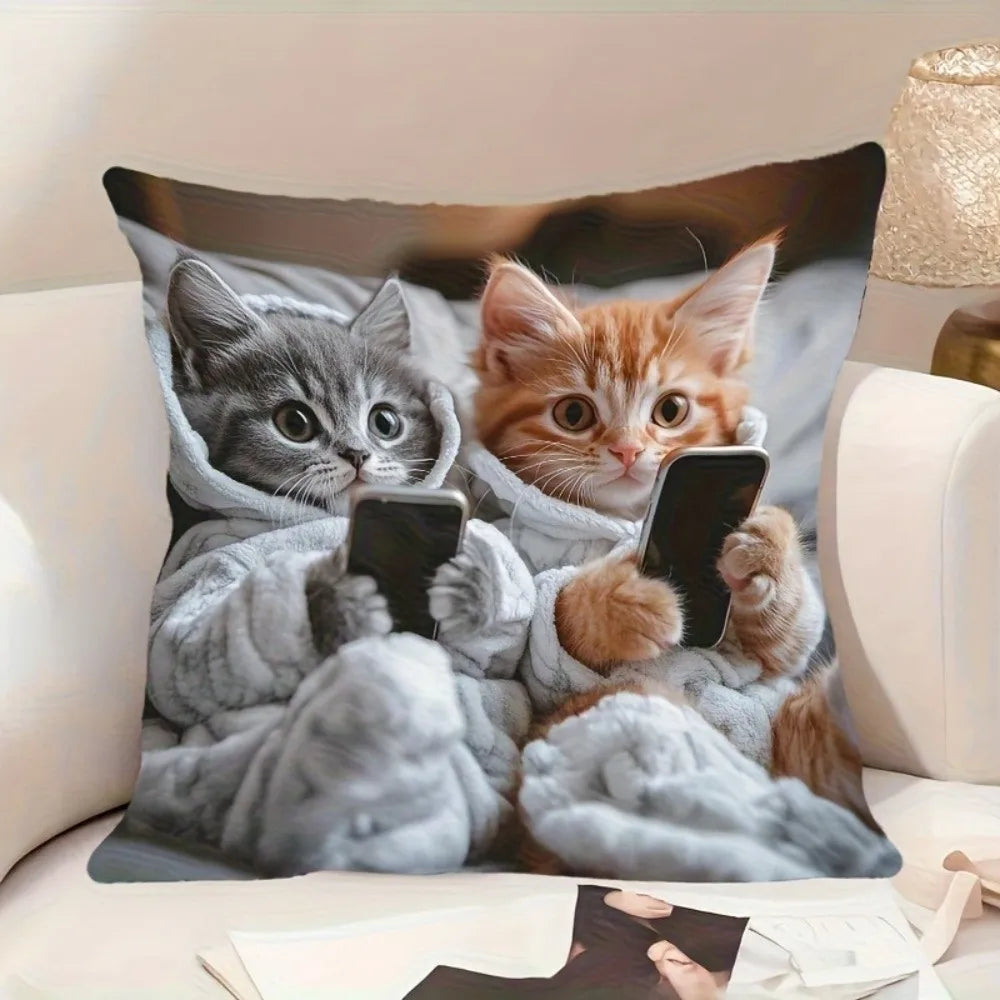 housse coussin polyester chat imprimé gris orange moderne salon chambre lit 45cm 45cm