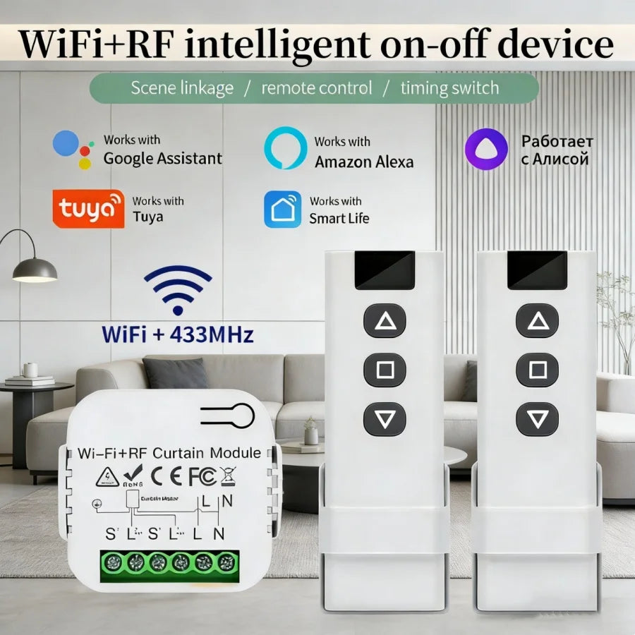 module rideau intelligent wifi rf blanc commande vocale programmation timer deux télécommandes smartphone moderne
