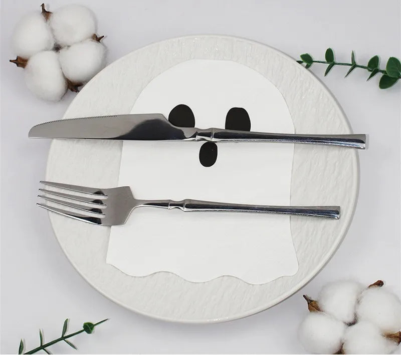 serviettes fantôme halloween blanc noir yeux minimaux cuisine jetables assiettes couverts pack fantômes