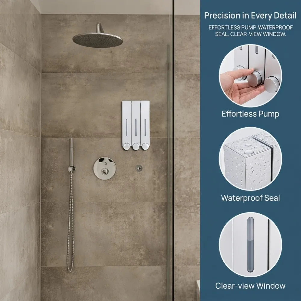 distributeur savon mural rechargeable blanc gris moderne minimaliste adhésif boutons déclenchement fenêtre transparente