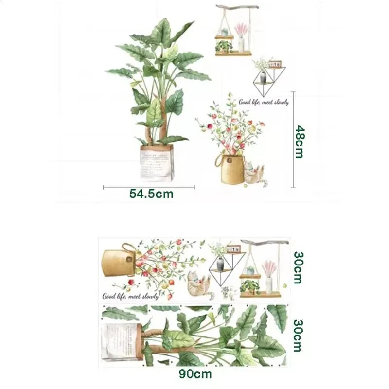 stickers muraux aquarelle plante pot cactus succulente oiseau papillon étagère bois nature bohème chambre
