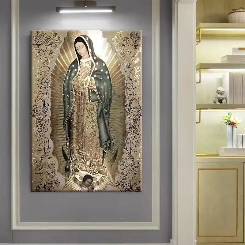 tableau religieux moderne toile ornements floraux motifs catholiques détails bleu doré noirDecorationMurrale