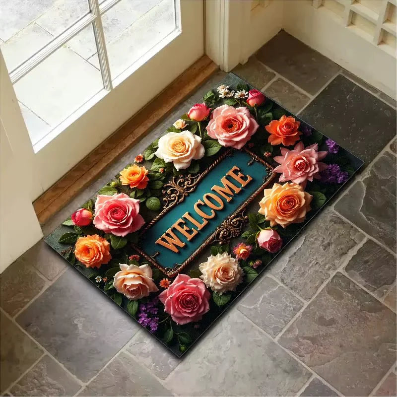 tapis d'entrée intérieur extérieur motif fleurs welcome texte doré classique décoration maison polyester