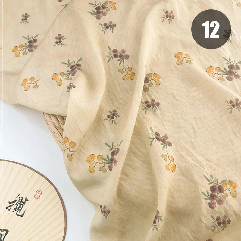 tissu imprimé chinois personnages traditionnels bambous fleurs beige vert bleu rose