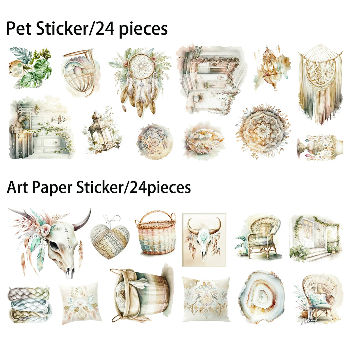 autocollants decoratifs boho chic motifs floraux cage oiseaux lanterne attrape reves feuillets opaques beige