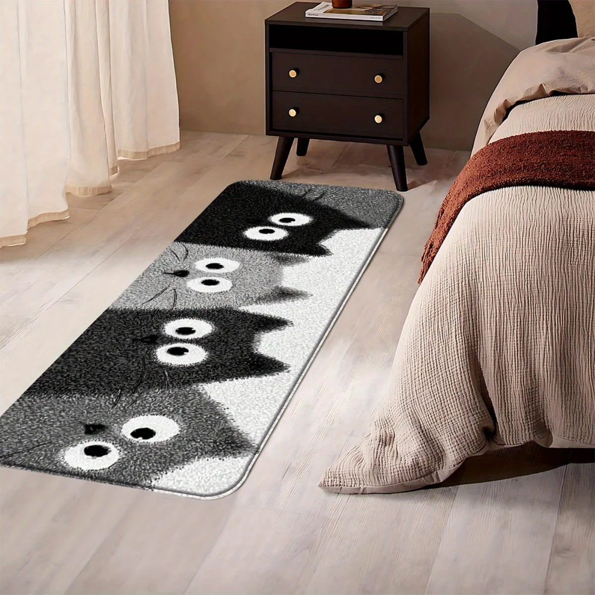 tapis gris blanc chatons yeux blancs fond moderne antidérapant polyester