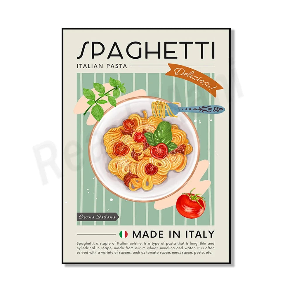 Une affiche promotionnelle alléchante pour les spaghettis italiens, avec une assiette de pâtes garnies de tomates et de basilic, soulignant leur qualité de production italienne.
