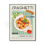 Une affiche promotionnelle alléchante pour les spaghettis italiens, avec une assiette de pâtes garnies de tomates et de basilic, soulignant leur qualité de production italienne.