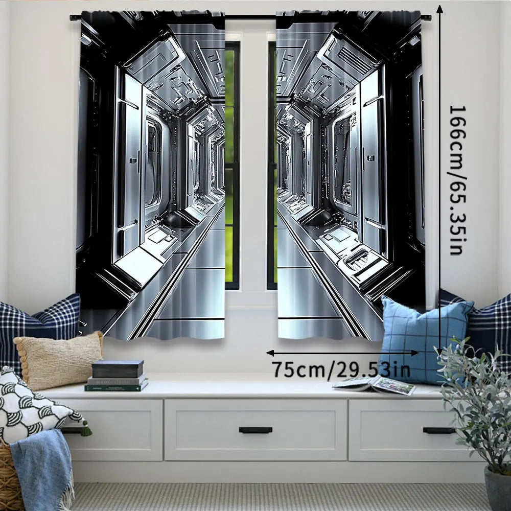 rideau futuriste noir argenté polyester opaque deux panneaux moderne industriel 75x166cm 105x230cm 130x210cm